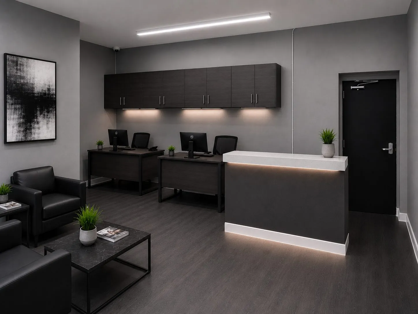 Design rendering of the reception counter with dark cabinetry