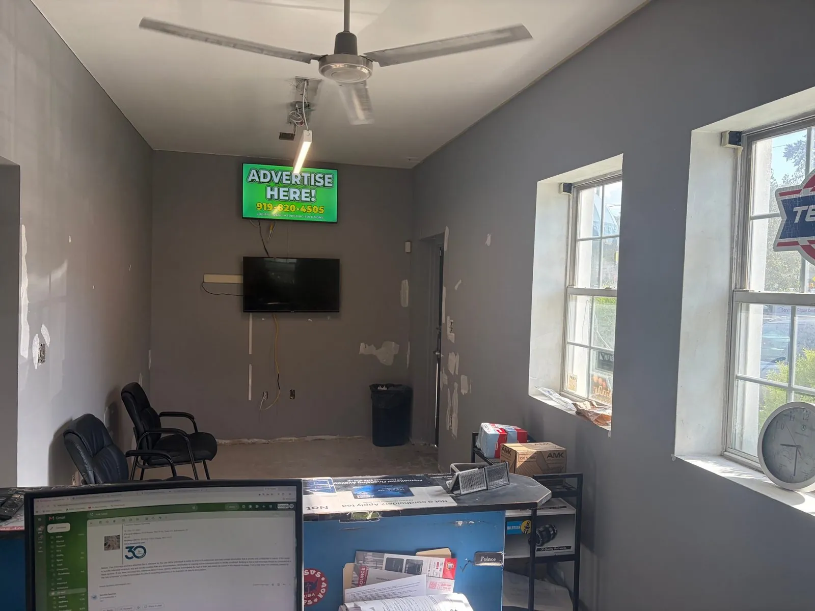 Waiting room with walls being patched during renovation